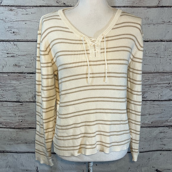 LIZ CLAIBORNE Sweater Ribbed Knit V Neck with Lacing Cream/Tan Stripes-MP - Picture 1 of 2